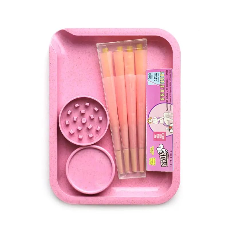 Degradable Rolling Tray with Lid Grinder King Size Rolling Paper Gifts Kit for Smokers (Pink)